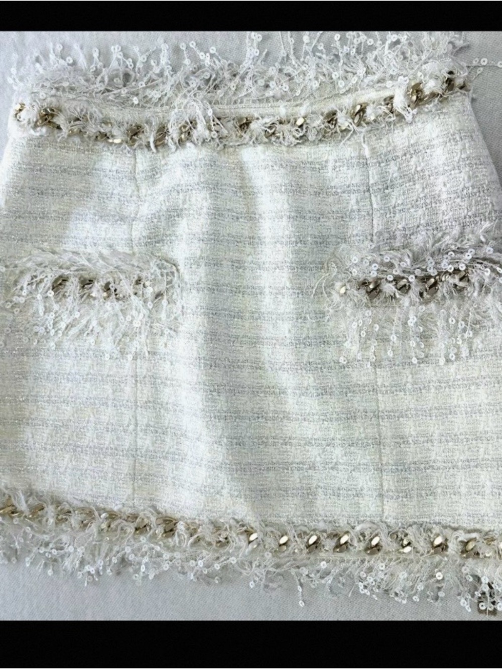 Balmain Ivory Tweed Mini Skirt with Sequin Fringe Trim